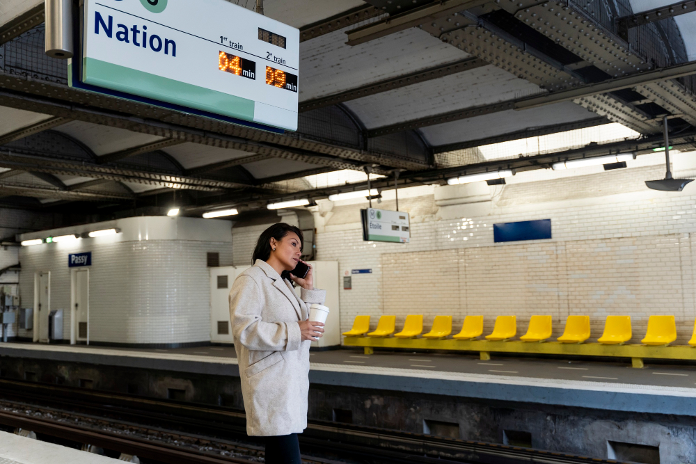 Choosing the Right Credit Card: French woman waiting for the subway train and drinking coffee 