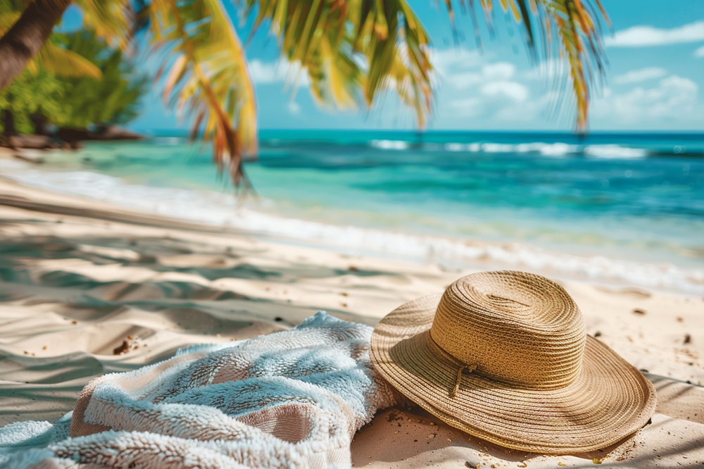 Eco-Friendly Tips for Tourists Visiting Greece: Beach accessories straw hat, towel on sunny tropical Caribbean beach with palm trees and turquoise water, caribbean island vacation, hot summer day