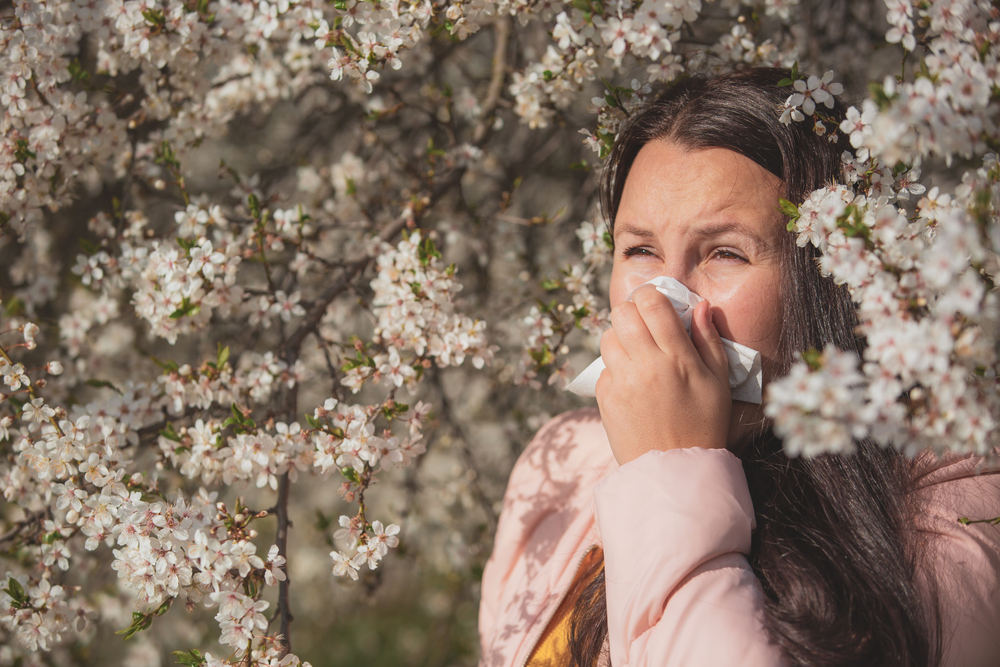 The Worst Times to Travel: Pretty young woman with strong allergy reaction during spring time, sneezing with a paper tissue, healthcare concept