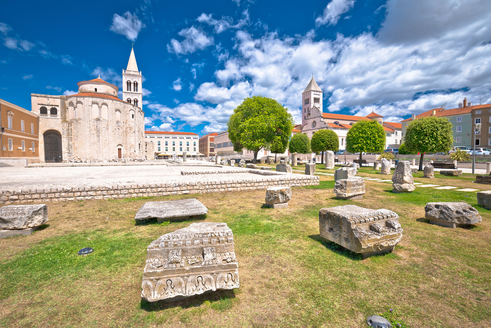 Exploring the Hidden Gems of Zadar's Old Town: Zadar historic roman artifacts on Form square, Dalmatia region of Croatia 