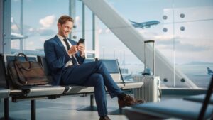 Airport Terminal Flight Wait: Smiling,Businessman,Uses,Smartphone,For,E-business,